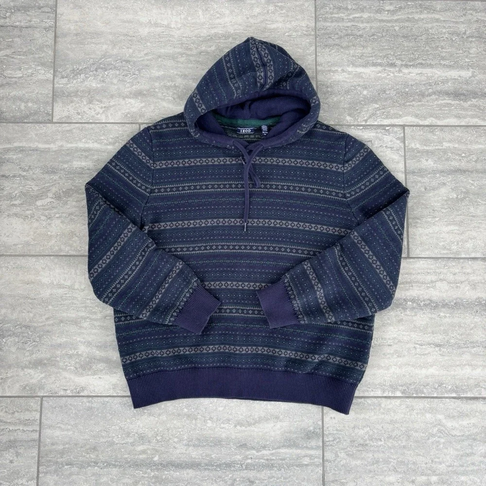 IZOD Mens Hooded Sweater 2X Fair Isle Knit Blue Green 100% Cotton Cabincore Ski
